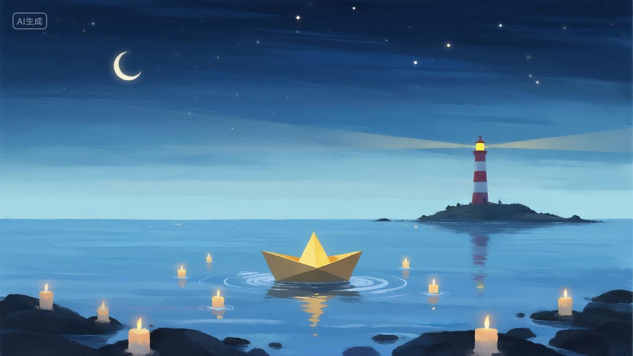中秋节灯塔纸船祈福夜晚指引方向插画