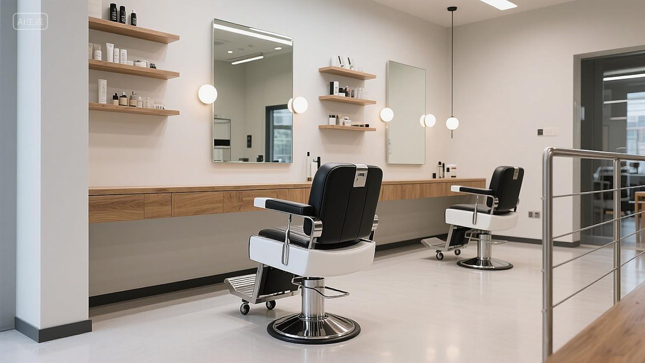 快剪简约理发店理发椅子镜子置物架摆放美发产品环境整洁室内场景