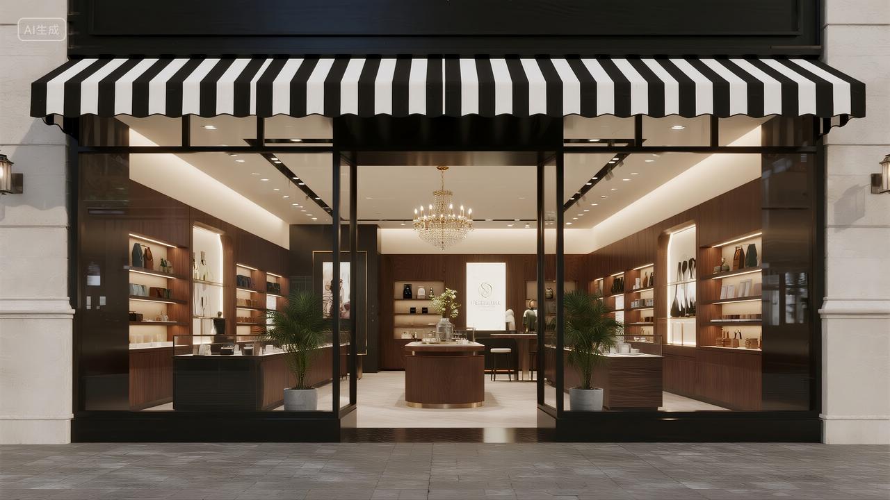 高端奢侈品店铺橱窗门面商业街建筑背景