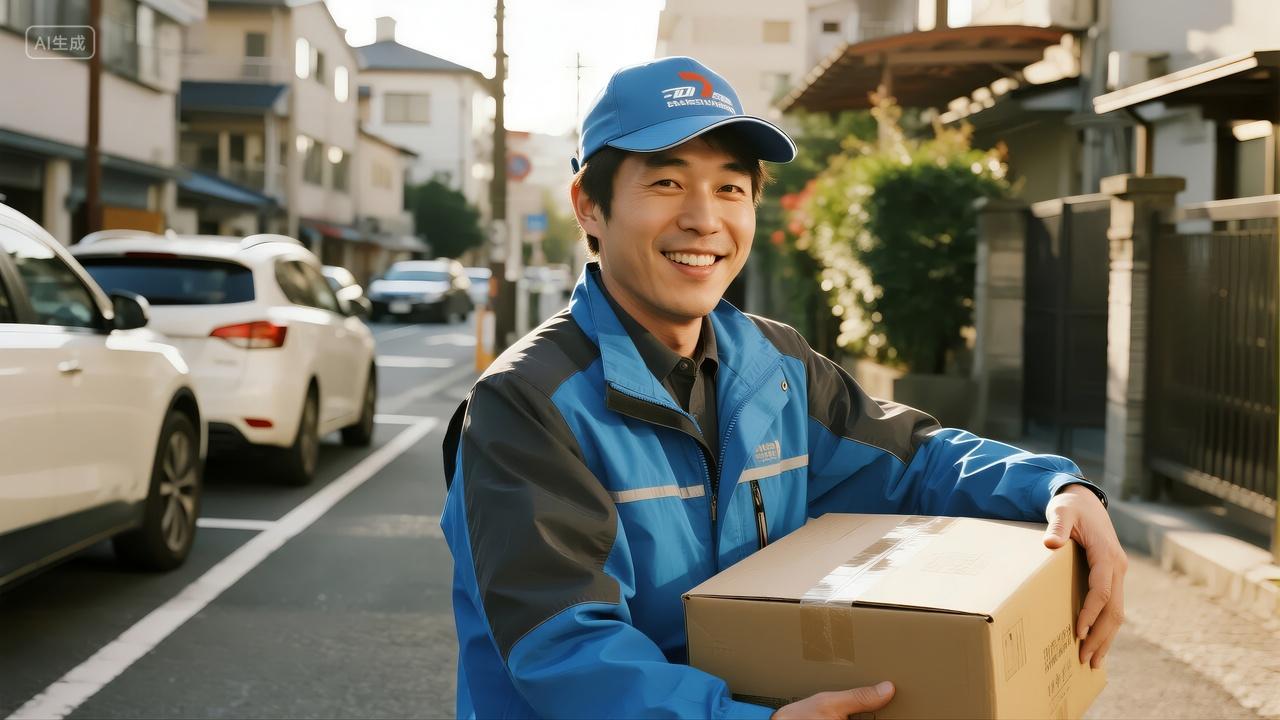 快递员送货上门物流服务电商购物背景图