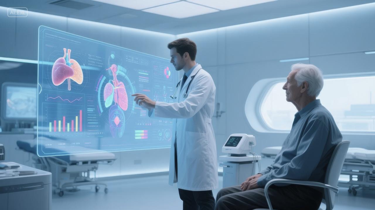 医生用未来科技虚拟屏幕为老人分析肺部数据