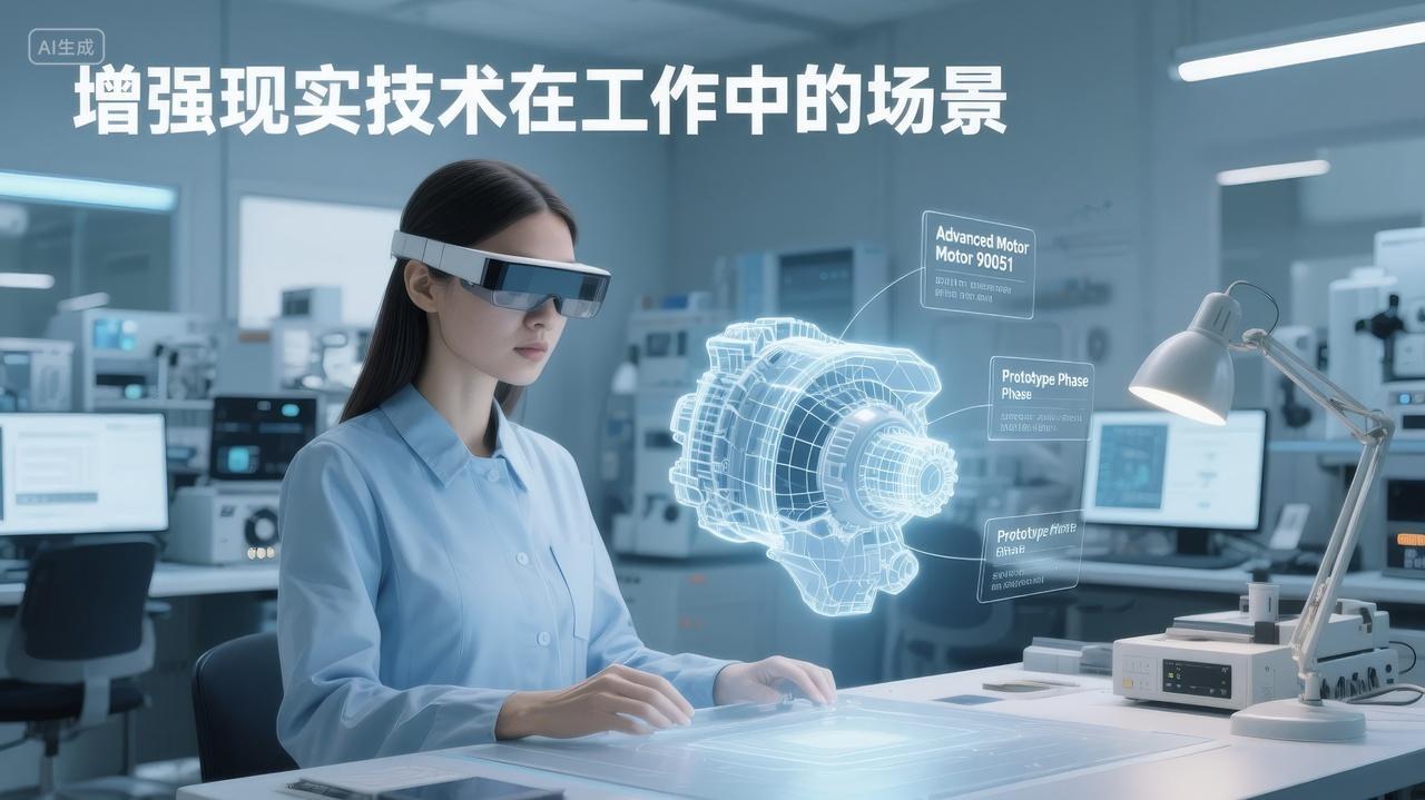 女工程师在实验室用AR增强现实技术进行研发