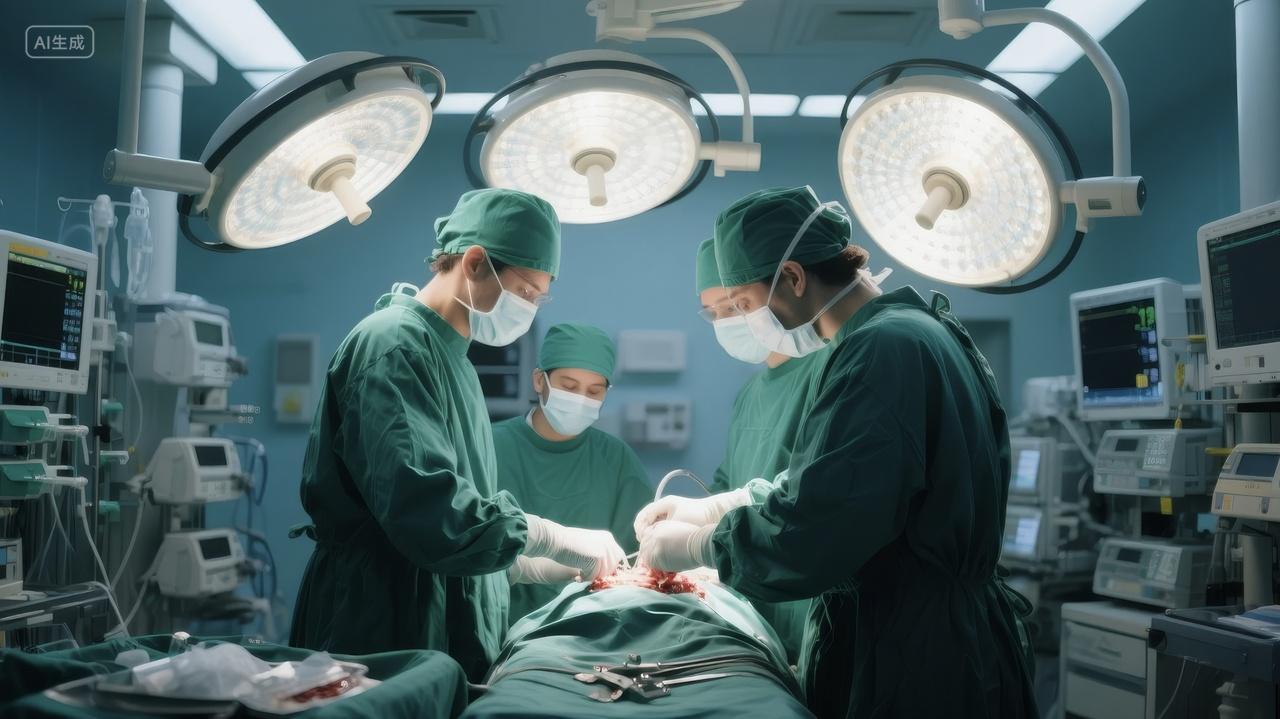 外科医生团队在手术室里进行紧张的手术