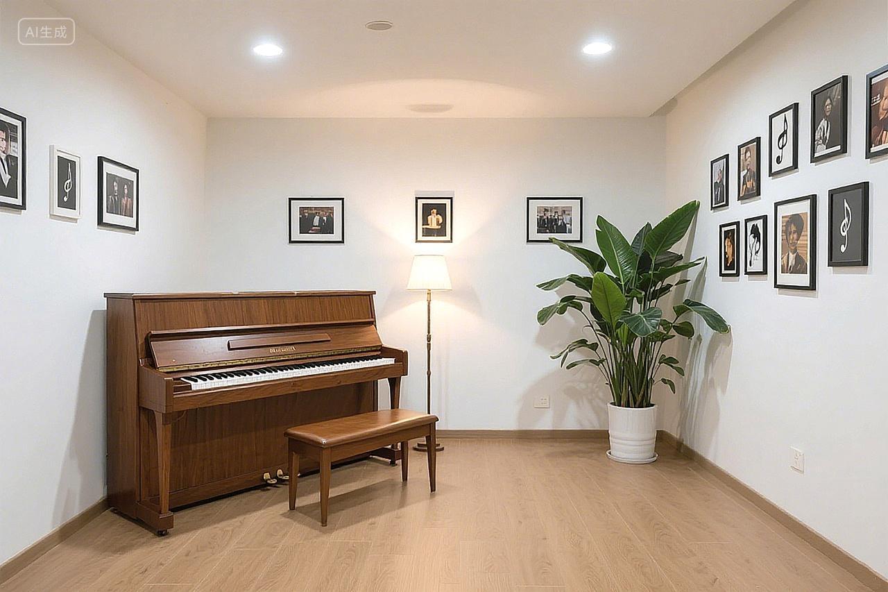 静谧钢琴练习室简约风室内空间白色墙面为底配浅色木地板明亮氛围