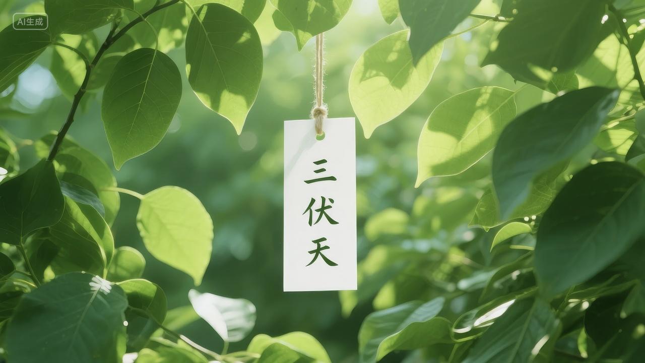 二十四节气之三伏天绿叶背景养生文化海报