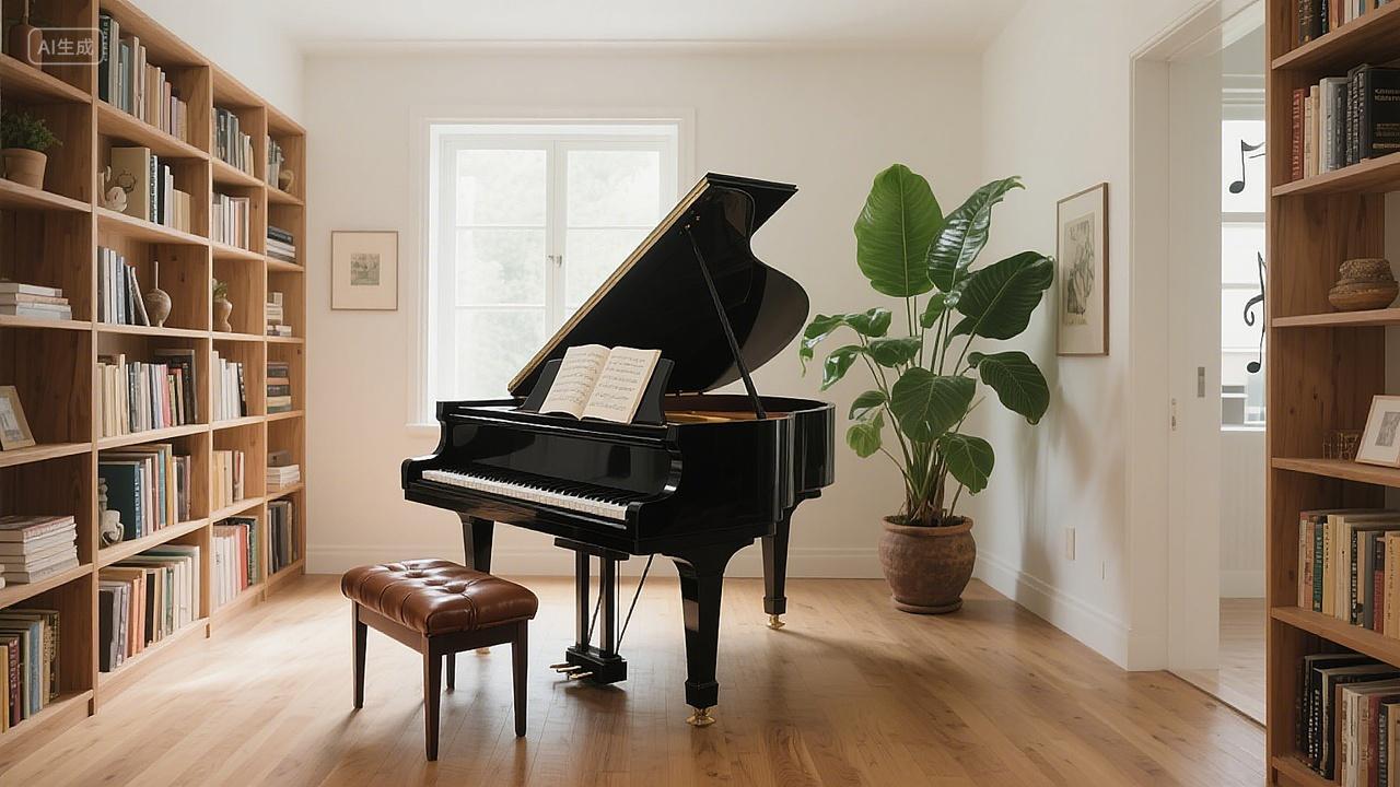 简约舒适书房浓厚艺术氛围的钢琴房间一架黑色三角钢琴配棕色琴凳