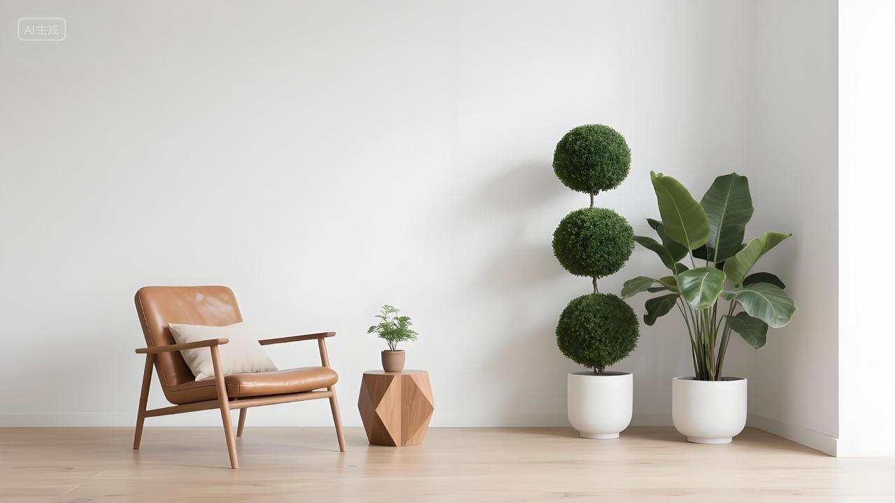 简约室内空间背景浅棕皮质单椅几何小桌多样绿植营造极简氛围