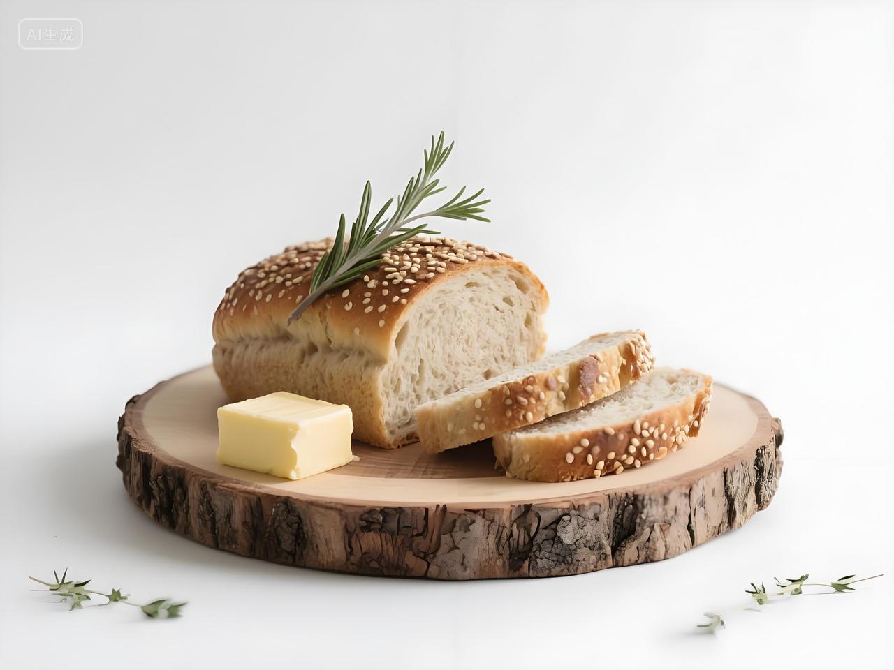 简约欧包原木盘放芝麻欧包配黄油迷迭香背景简洁面包切面与装饰
