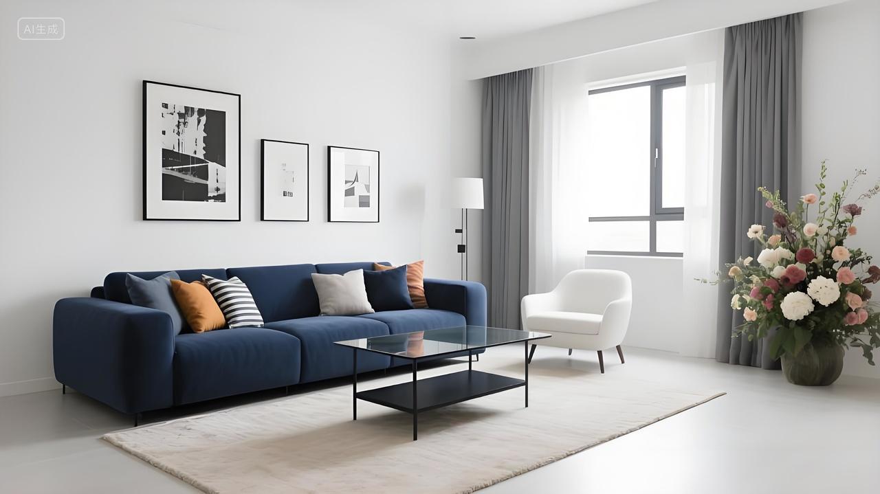 现代简约风客厅空间墙面挂黑白装饰画深蓝色沙发多彩抱枕简约时尚