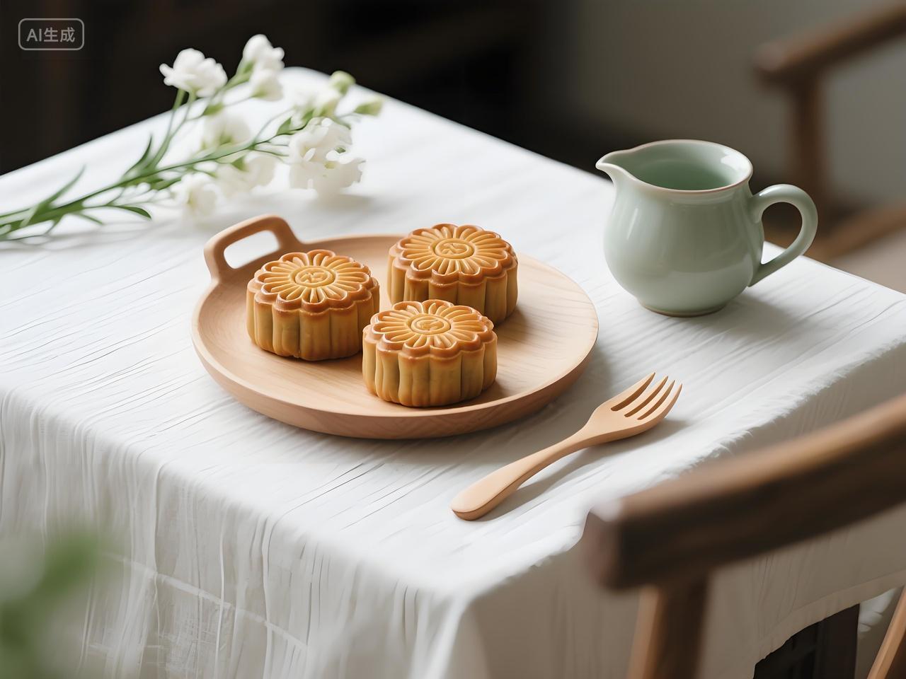 美食摄影金棕色带回纹花纹花瓣边的烤月饼放置浅木色圆形托盘上