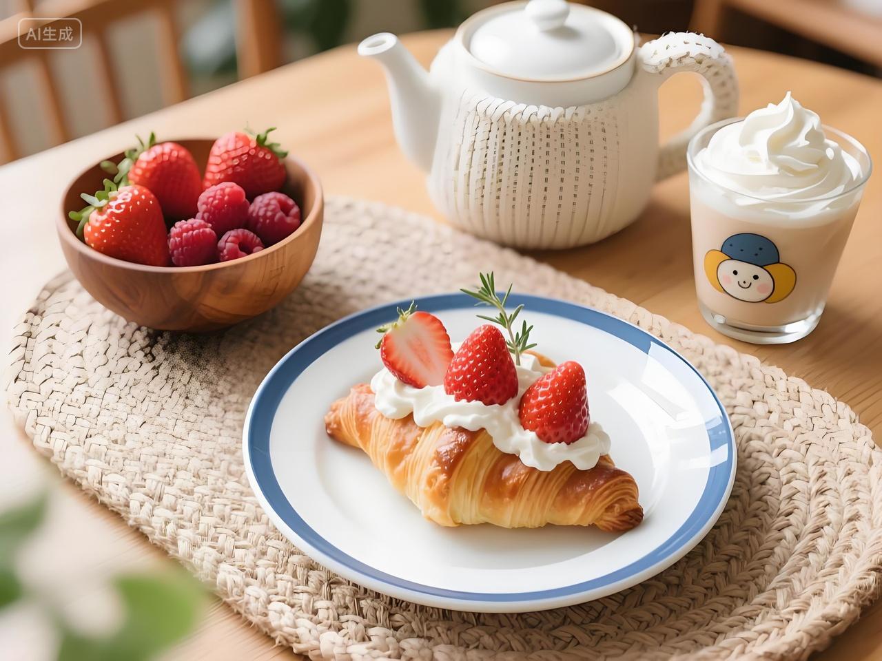 温馨美食可颂水果茶点组合草莓奶油可颂配浆果木碗搭装饰茶壶饮品