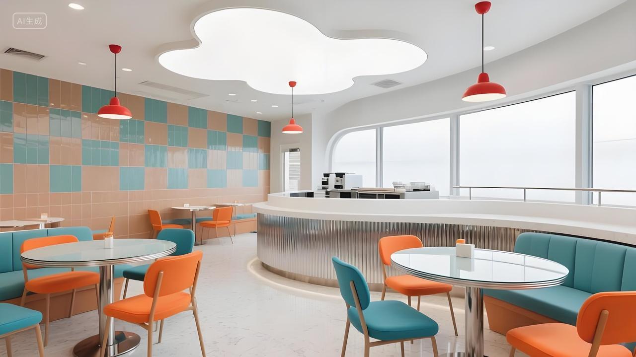 室内设计复古清新餐饮空间云朵形顶灯粉蓝拼贴墙面diner风餐厅