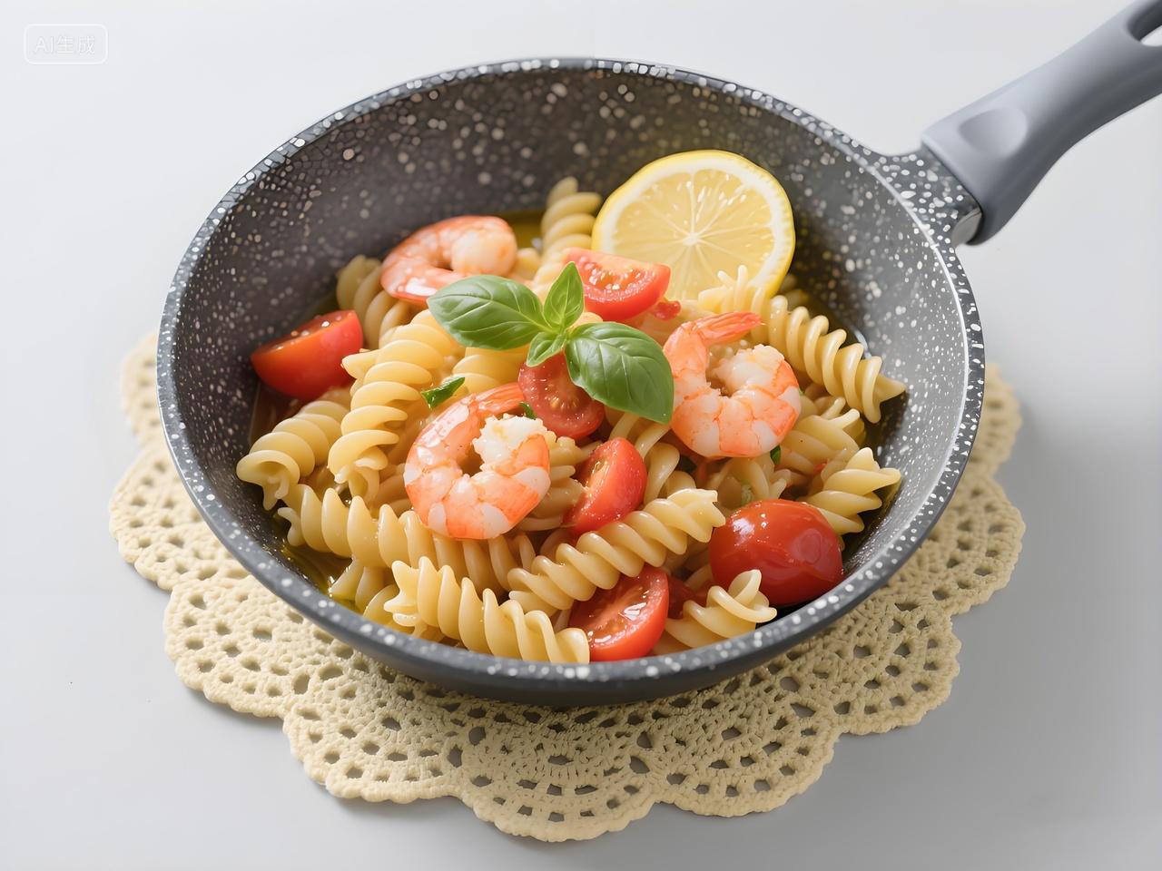 美食摄影美味营养的西式简餐麦饭石锅装着的鲜虾螺旋意面