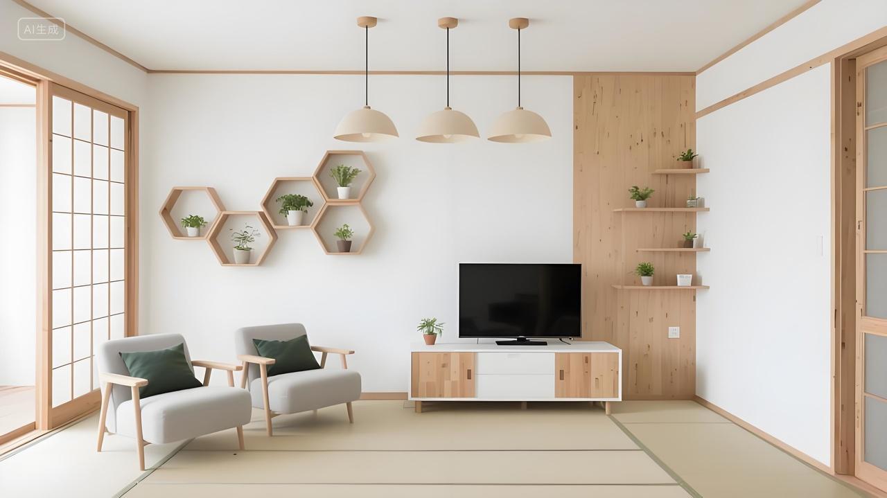 日系原木风空间设计展示客厅浅木色框架六边形绿植墙简约家具场景