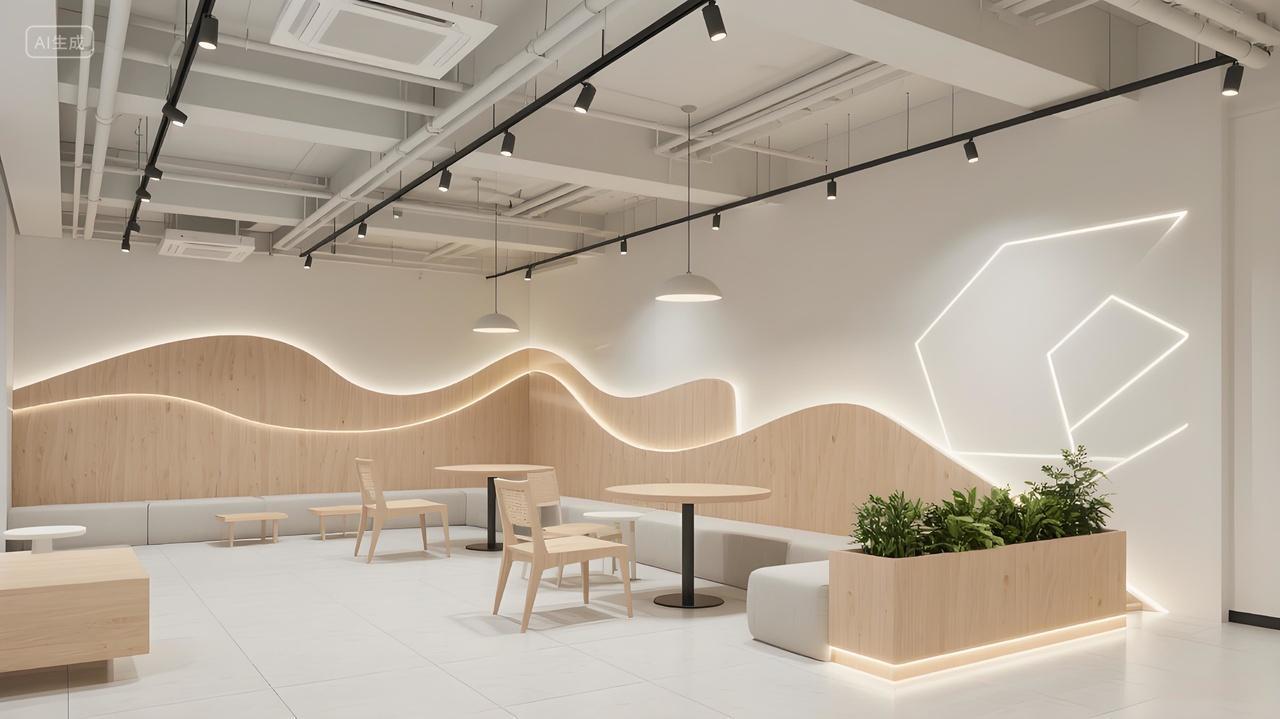 室内设计效果图极简商业空间全景呈现黑色轨道灯白色吊灯简洁感