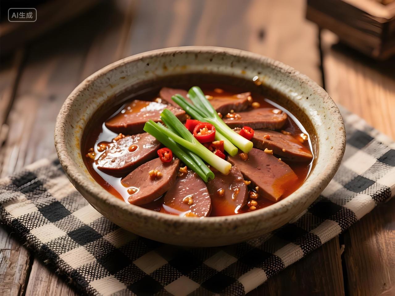 高清美食摄影鲜香砂锅鸭血料理翠绿葱段和鲜红辣椒段点缀