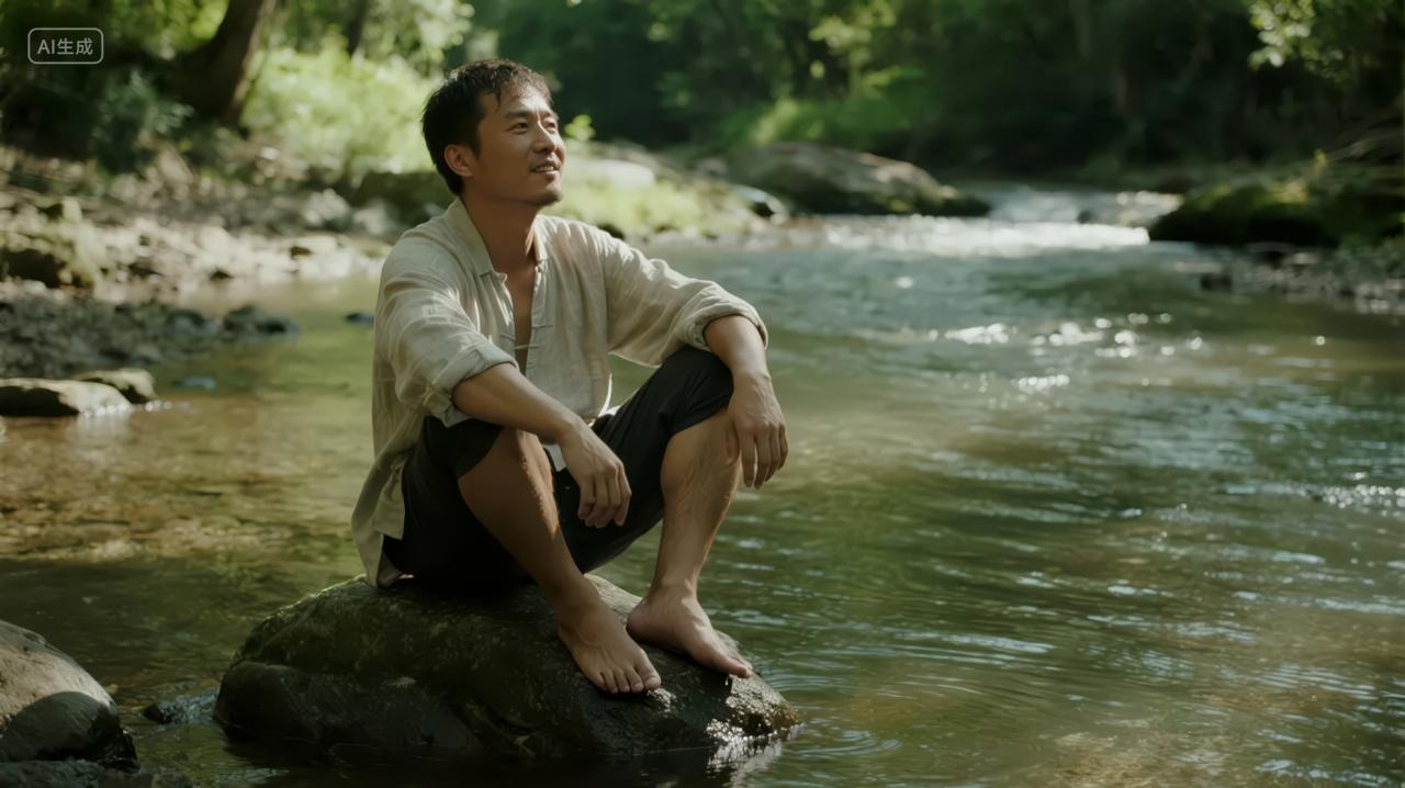 小暑节气男子溪边纳凉思考治愈系生活