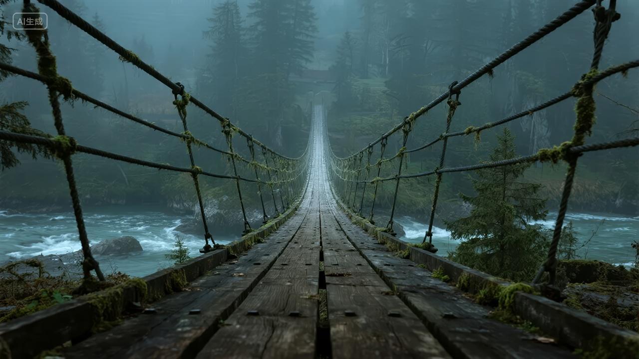 森林吊桥河流迷雾户外探险企业文化背景