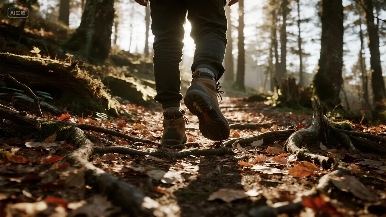 立秋节气徒步森林落叶户外运动企业团建背景