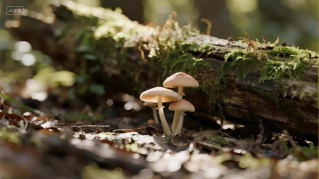 立秋节气森林蘑菇微距特写自然生态背景