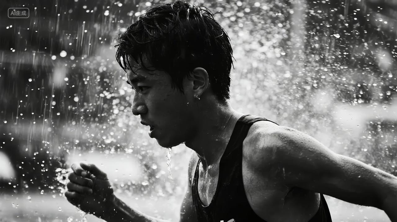 雨中奔跑的男性挑战极限运动精神励志背景