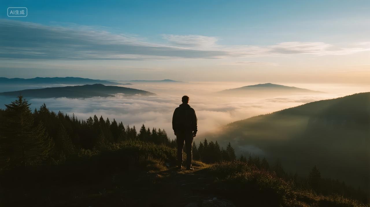 登山者山顶看云海日出励志成功背景图