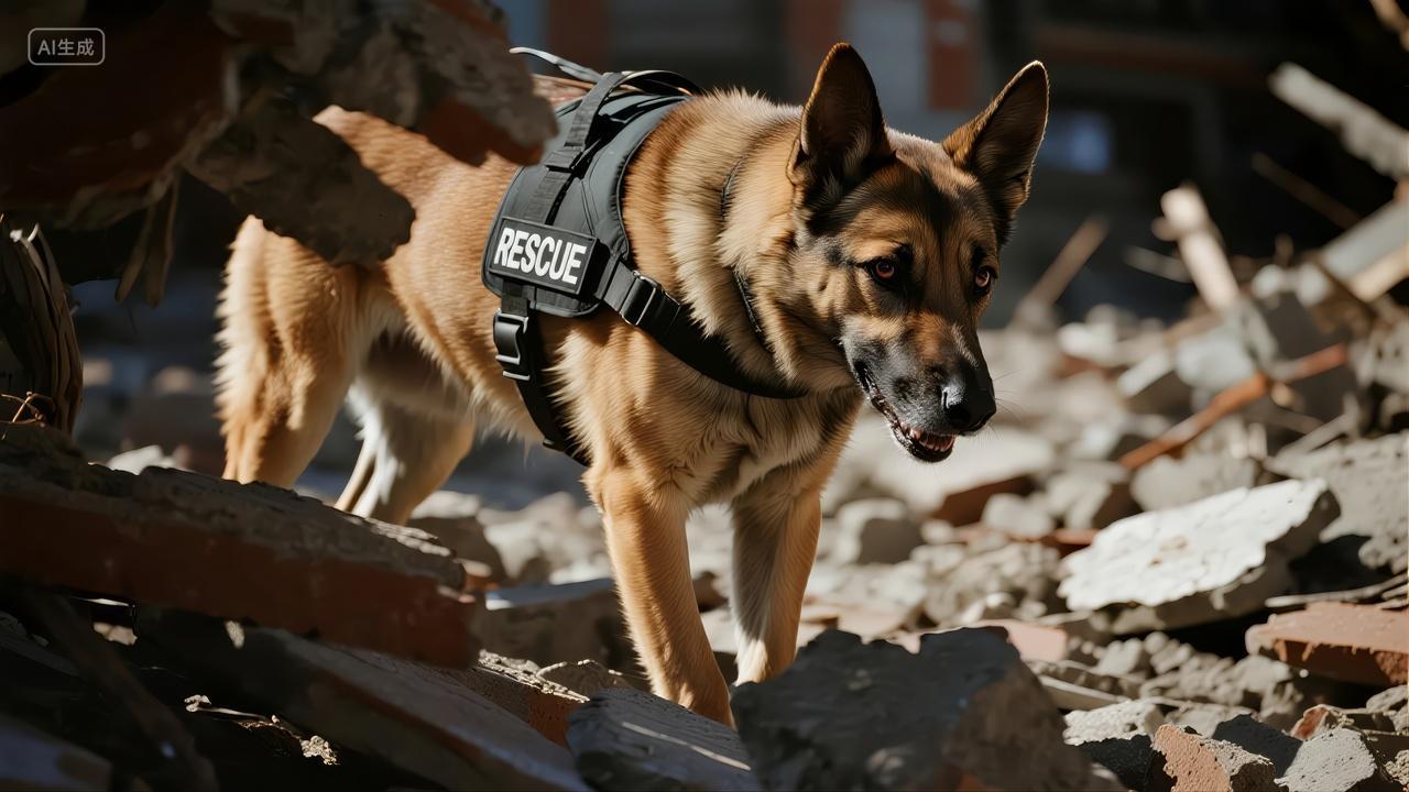 建军节搜救犬废墟搜寻地震救援英雄背景