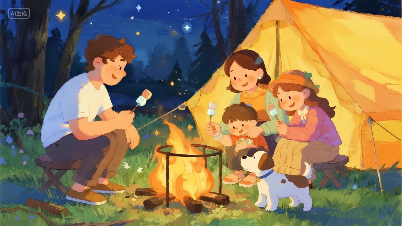 中秋节家庭露营篝火晚会温馨插画背景图