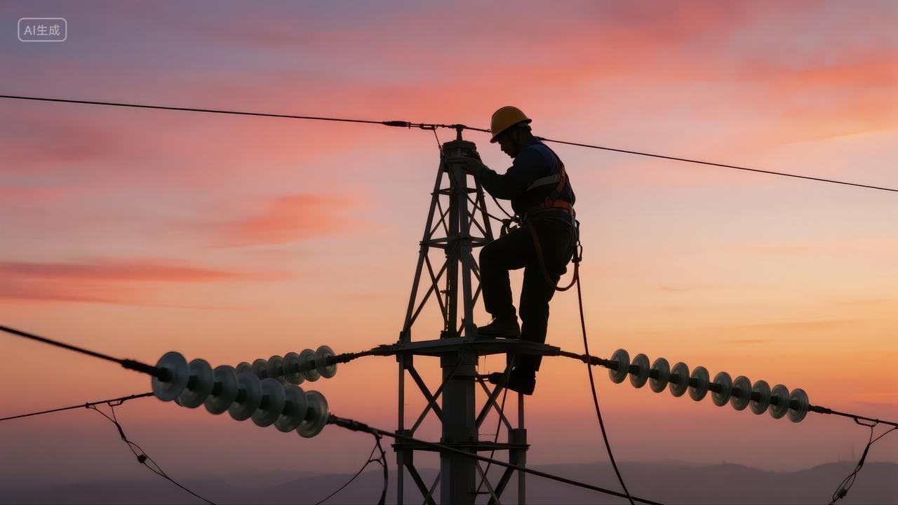 电力工人高压线作业日落剪影致敬背景图