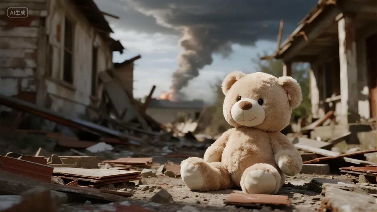 战争废墟中反战和平公益海报背景