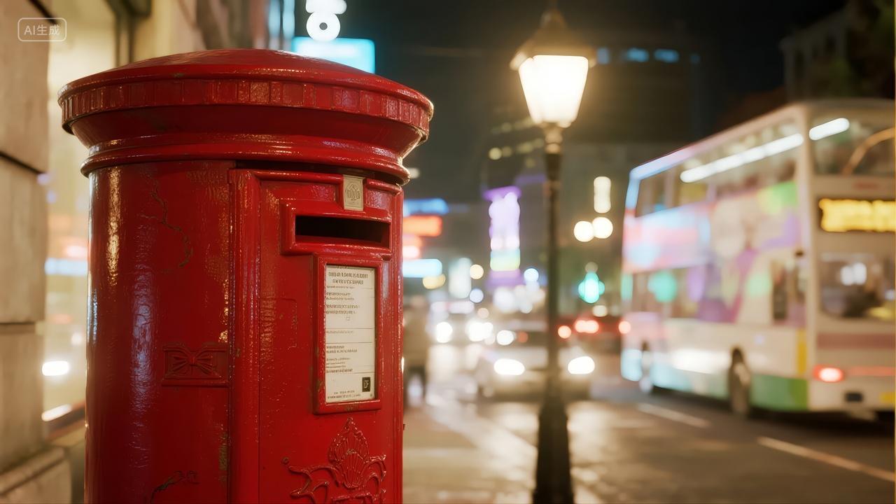 夜晚城市街道红色邮筒怀旧复古电影感背景