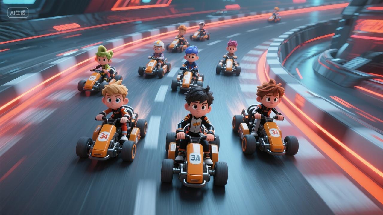 卡通人物卡丁车比赛场景