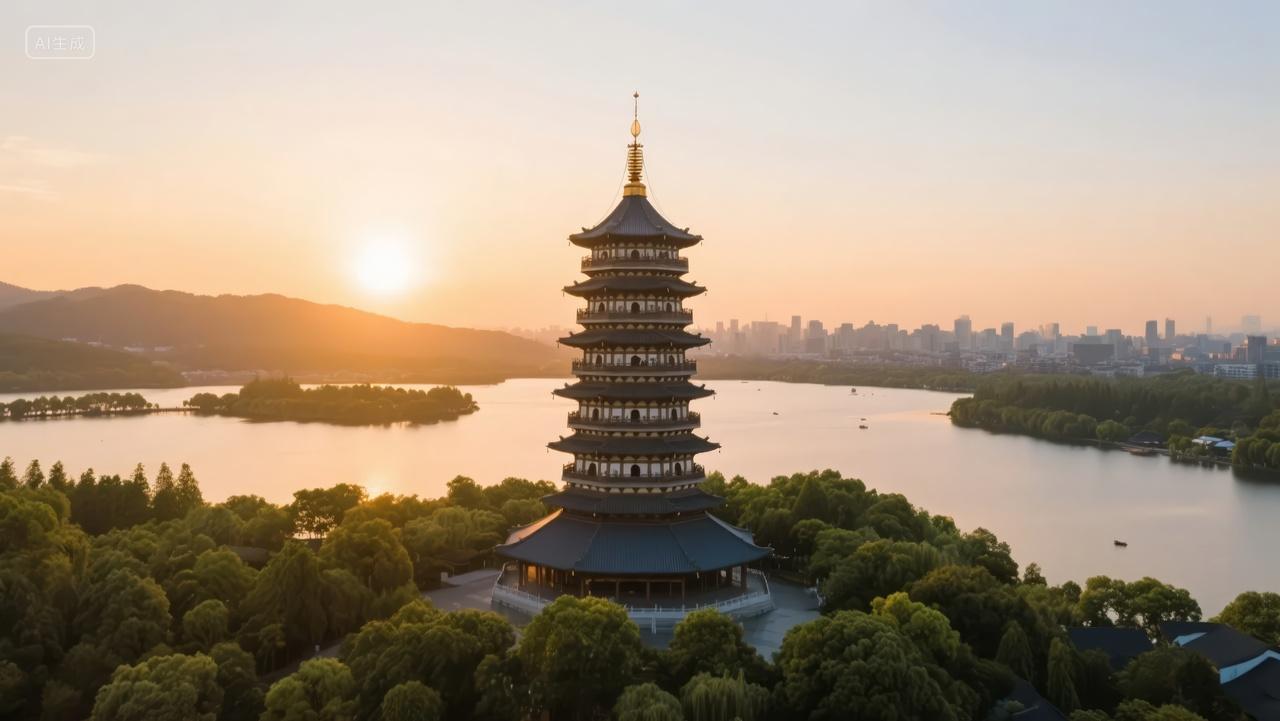 七夕节杭州西湖雷峰塔日落爱情传说背景