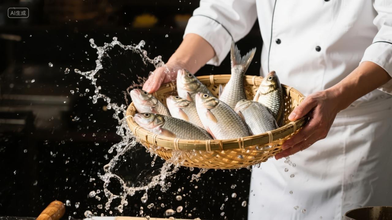 处暑节气厨师手捧新鲜鱼水产美食背景图