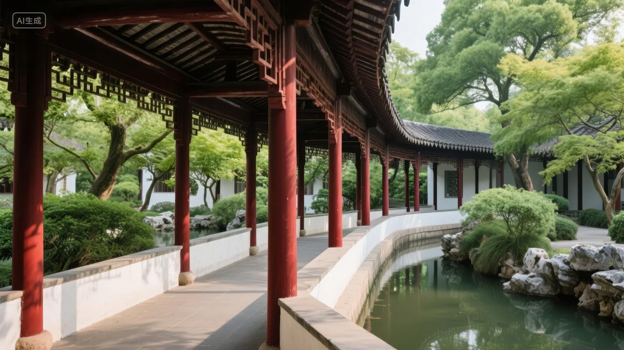 中式园林庭院走廊建筑旅游文化背景图