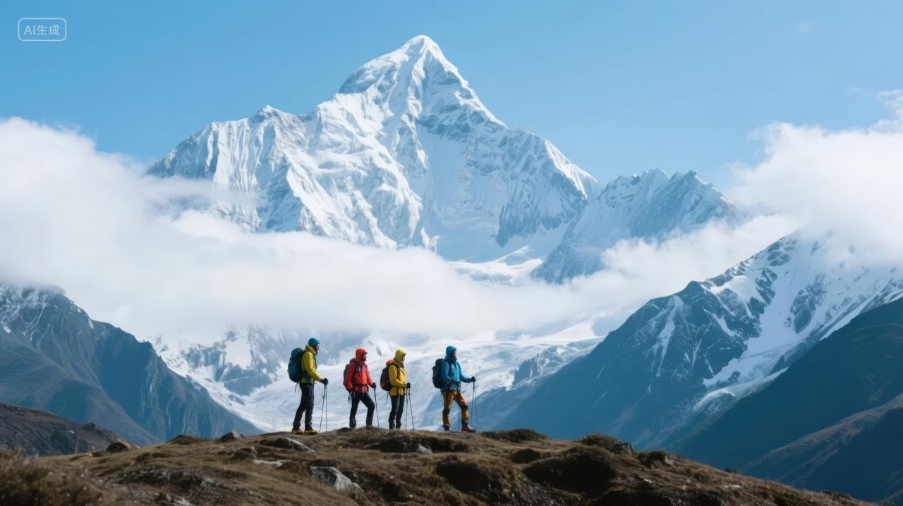 建军节团队登山挑战目标雪山励志背景图