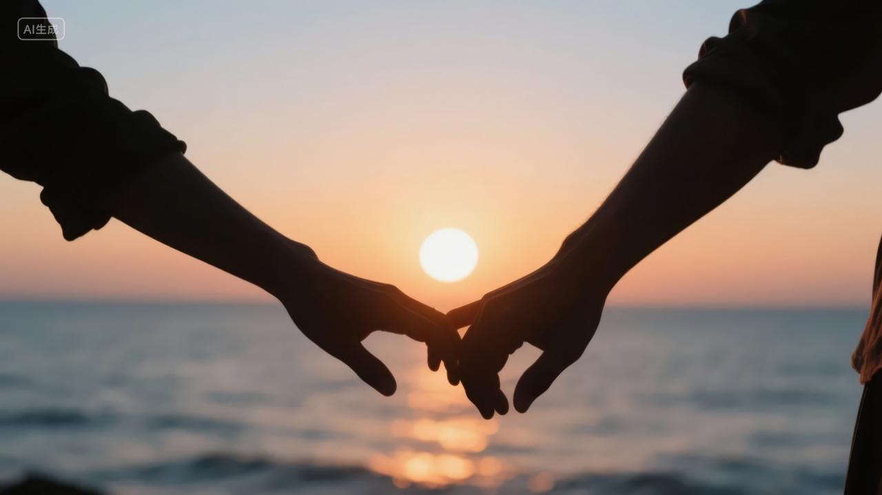 七夕节情侣海边牵手日落浪漫爱情背景图