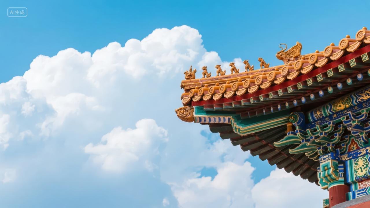 国庆节故宫角楼蓝天白云中式建筑背景图