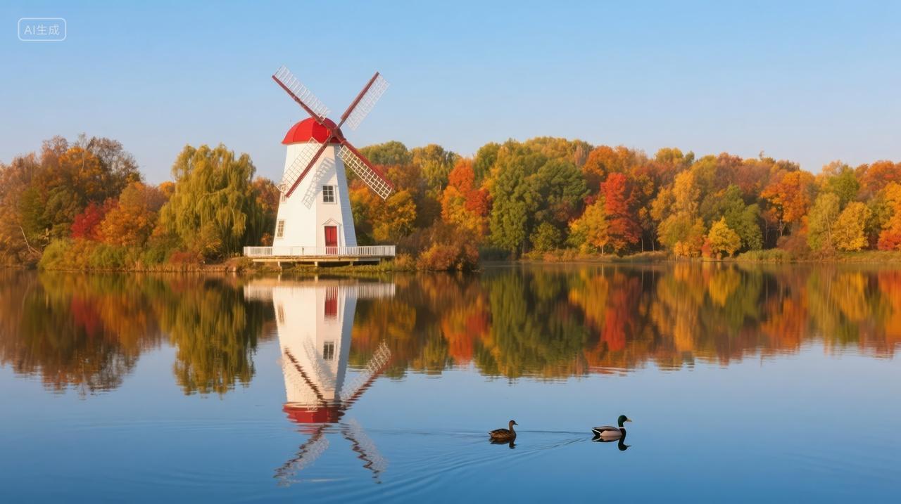 立秋节气欧洲风车倒影秋季旅游风光背景