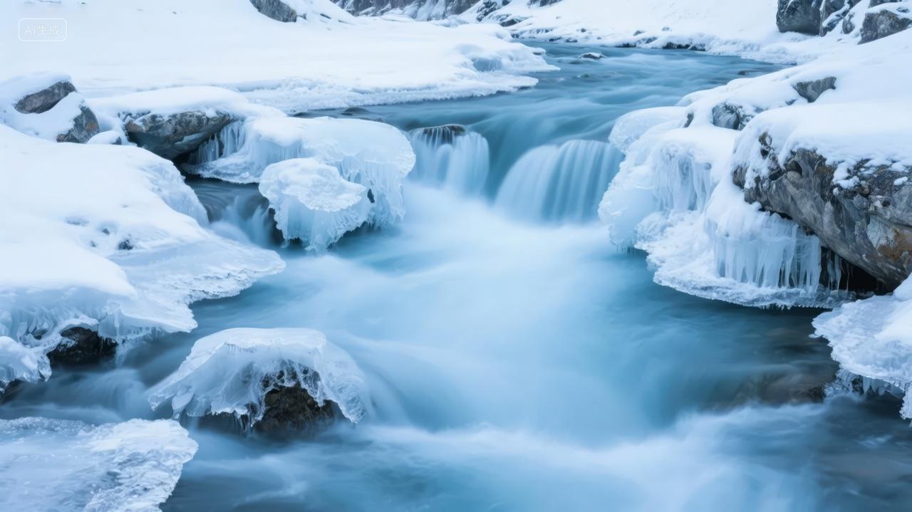 冬季溪流冰雪长曝光宁静自然风光背景图
