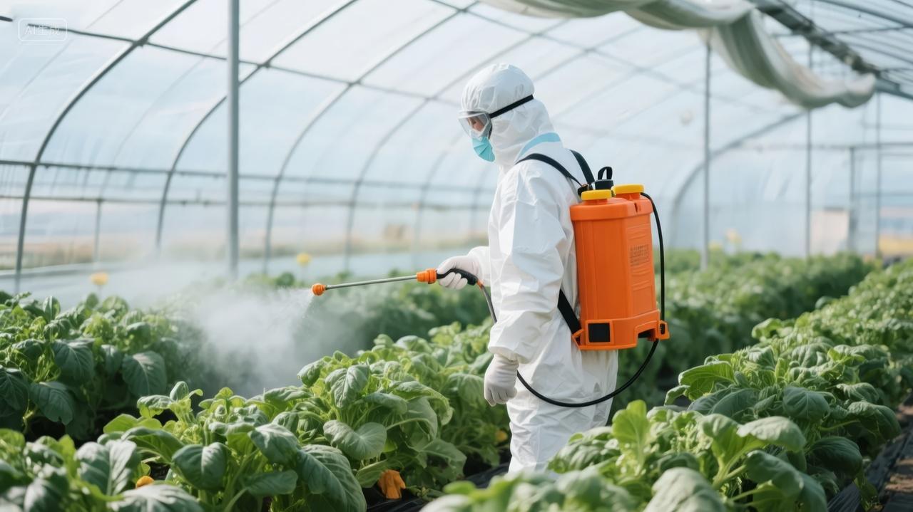 现代农业大棚蔬菜喷洒病虫害防治背景图
