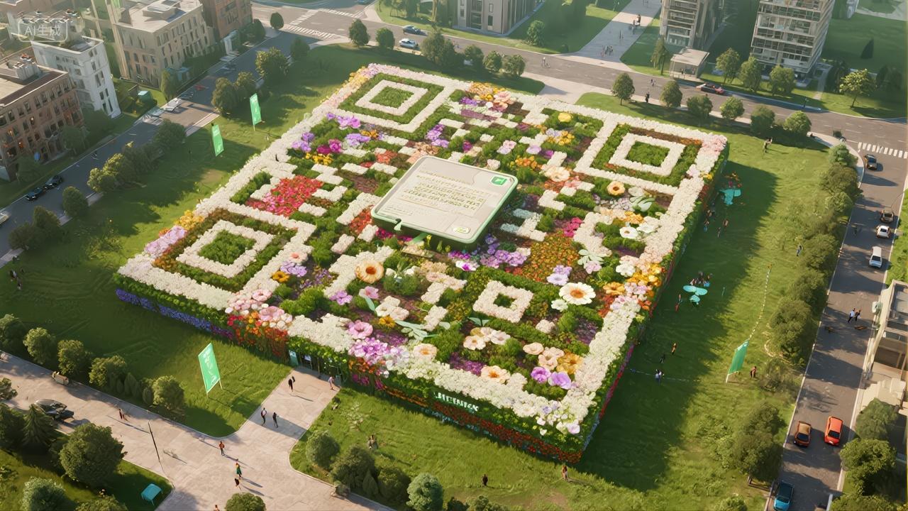 创意二维码花园航拍绿色科技环保城市背景