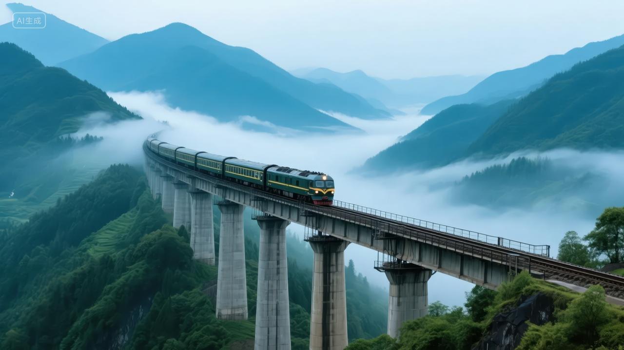 火车穿越高架桥云雾山川壮丽风景背景图