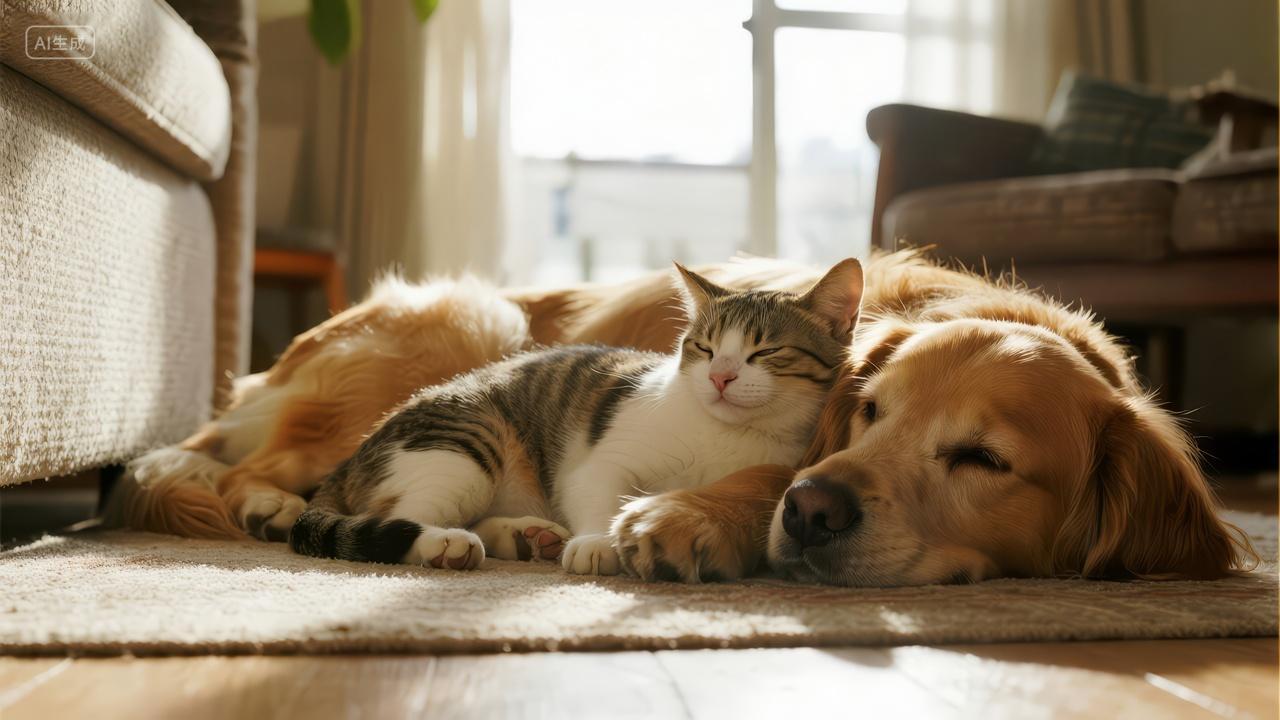 七夕节宠物猫狗依偎睡觉治愈温馨生活背景