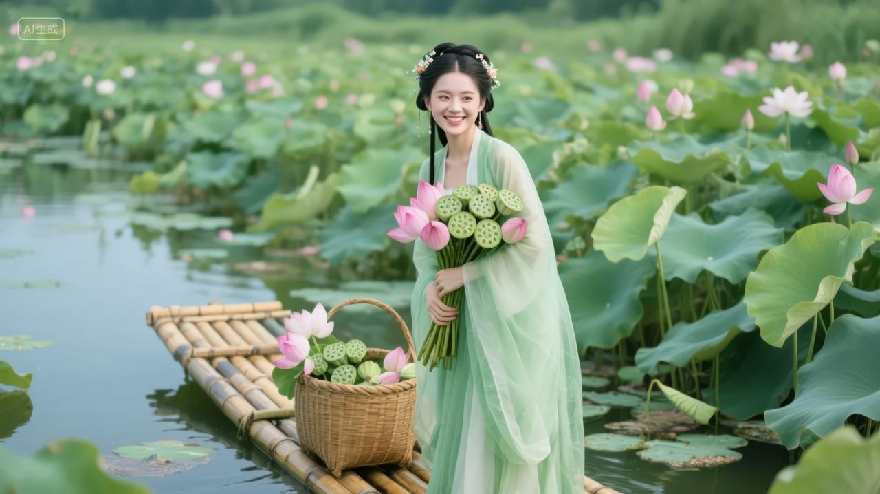 七夕节小暑节气古风美女荷花池汉服背景