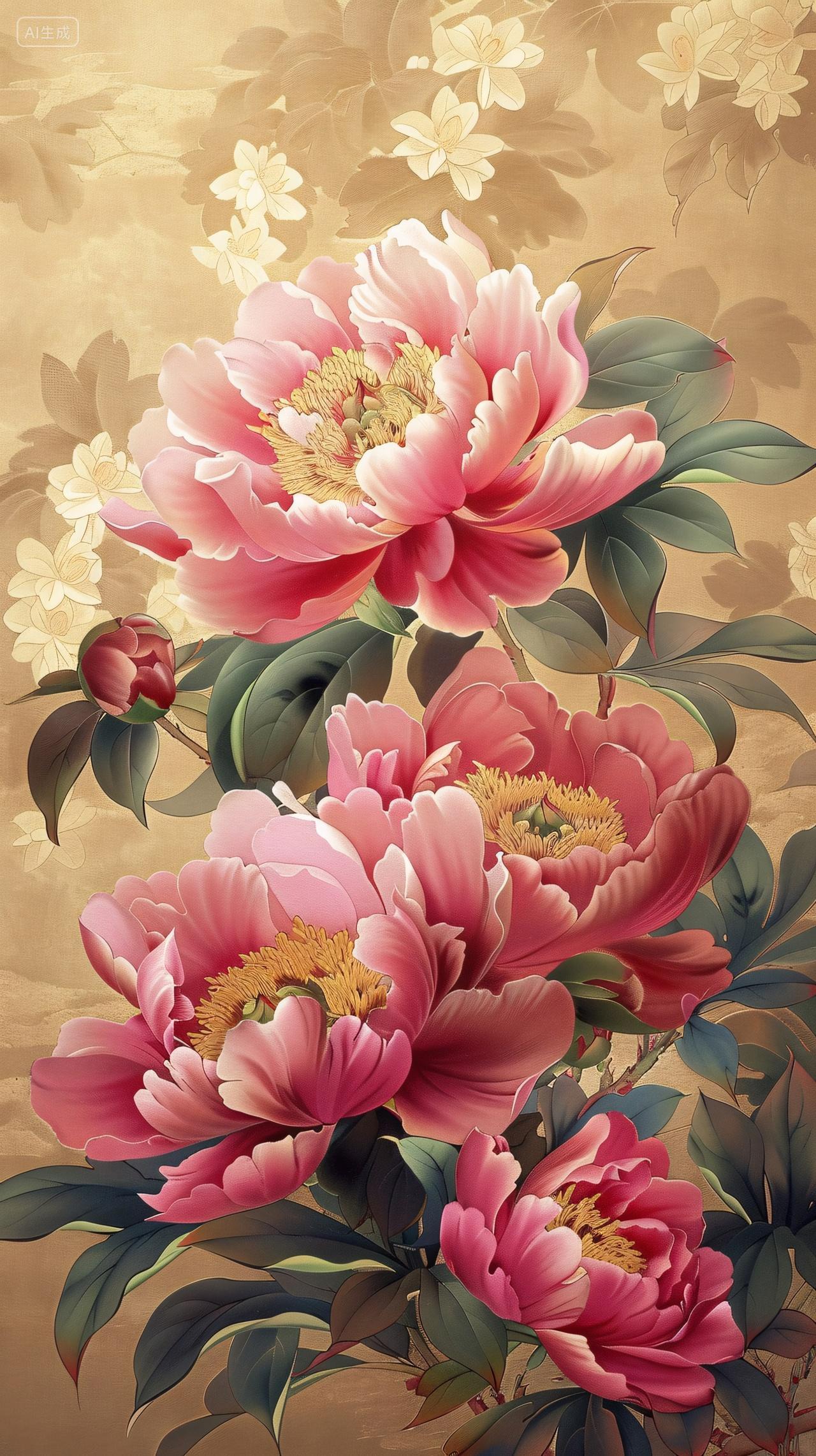 工笔牡丹绽于浅金背景尽显华贵典雅