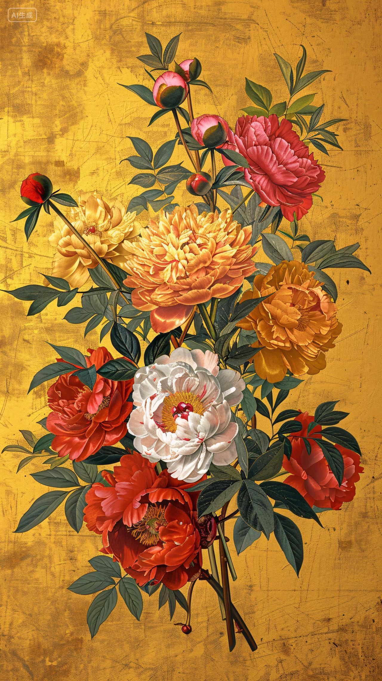 金底繁花多彩牡丹盛放尽显华贵艳丽