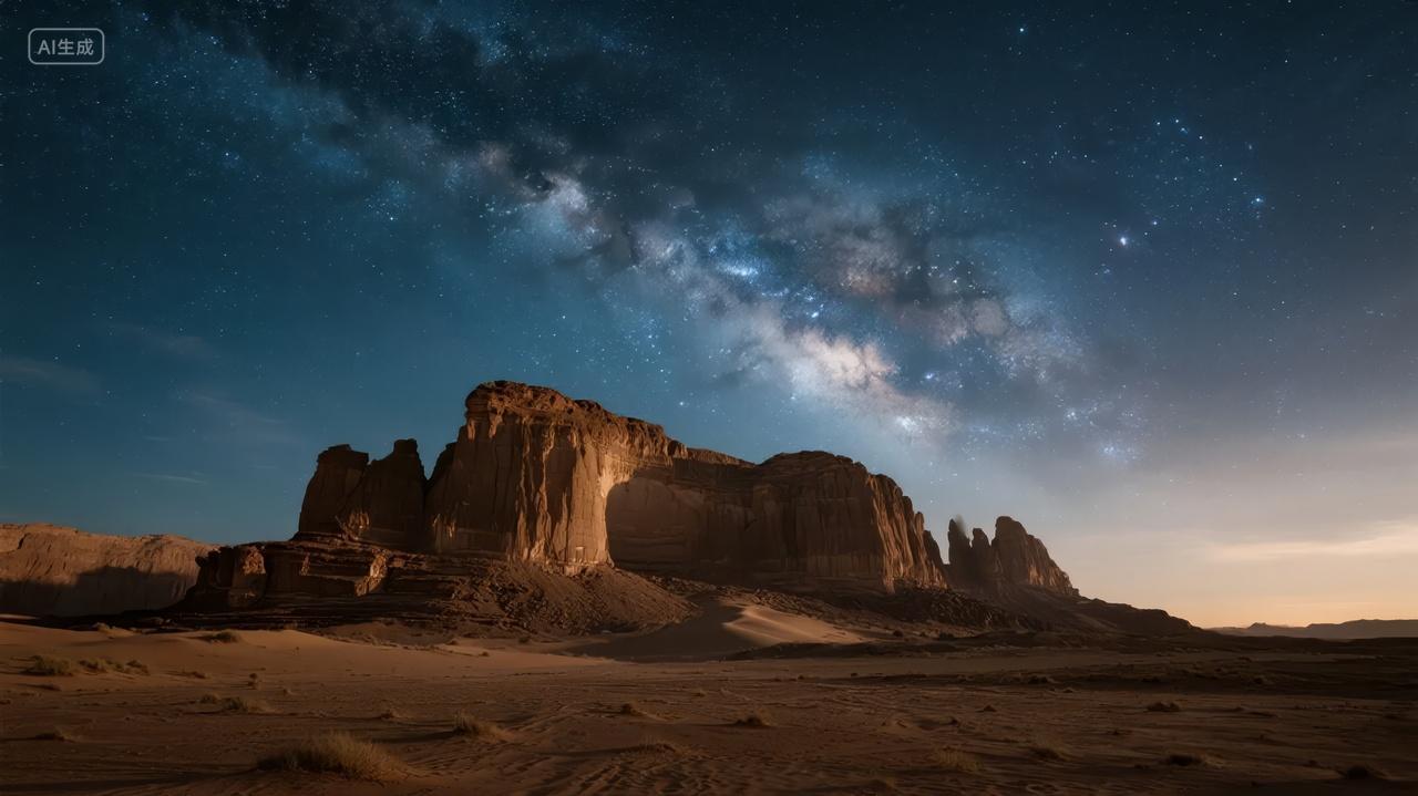 沙漠戈壁银河星空夜晚壮丽自然风光背景