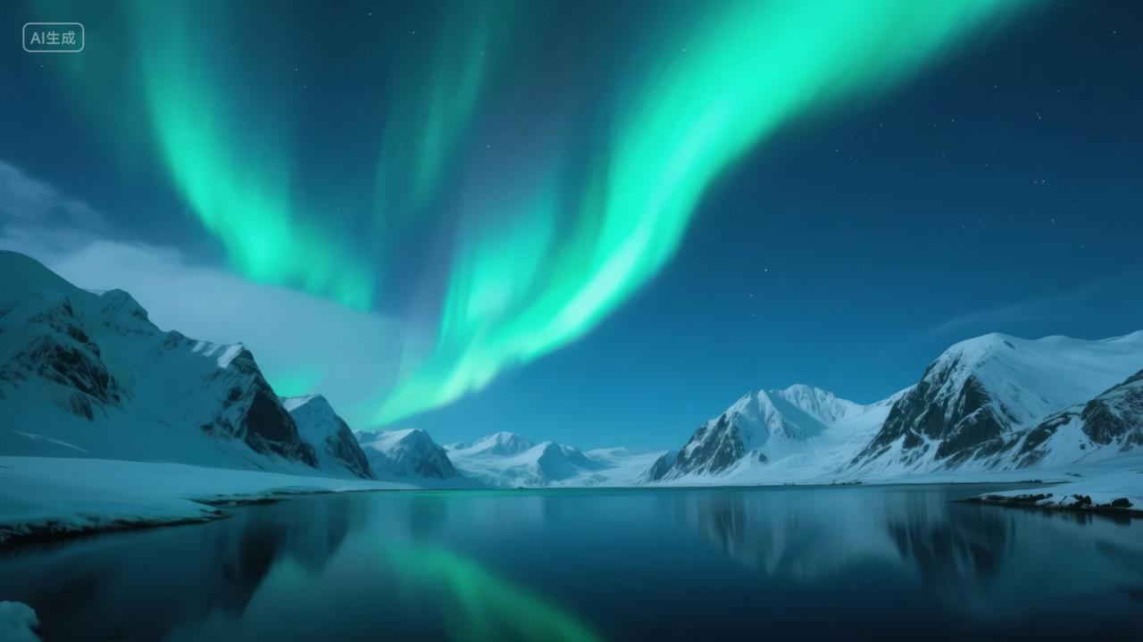 冰岛极光雪山倒影冬季壮丽旅游风光背景