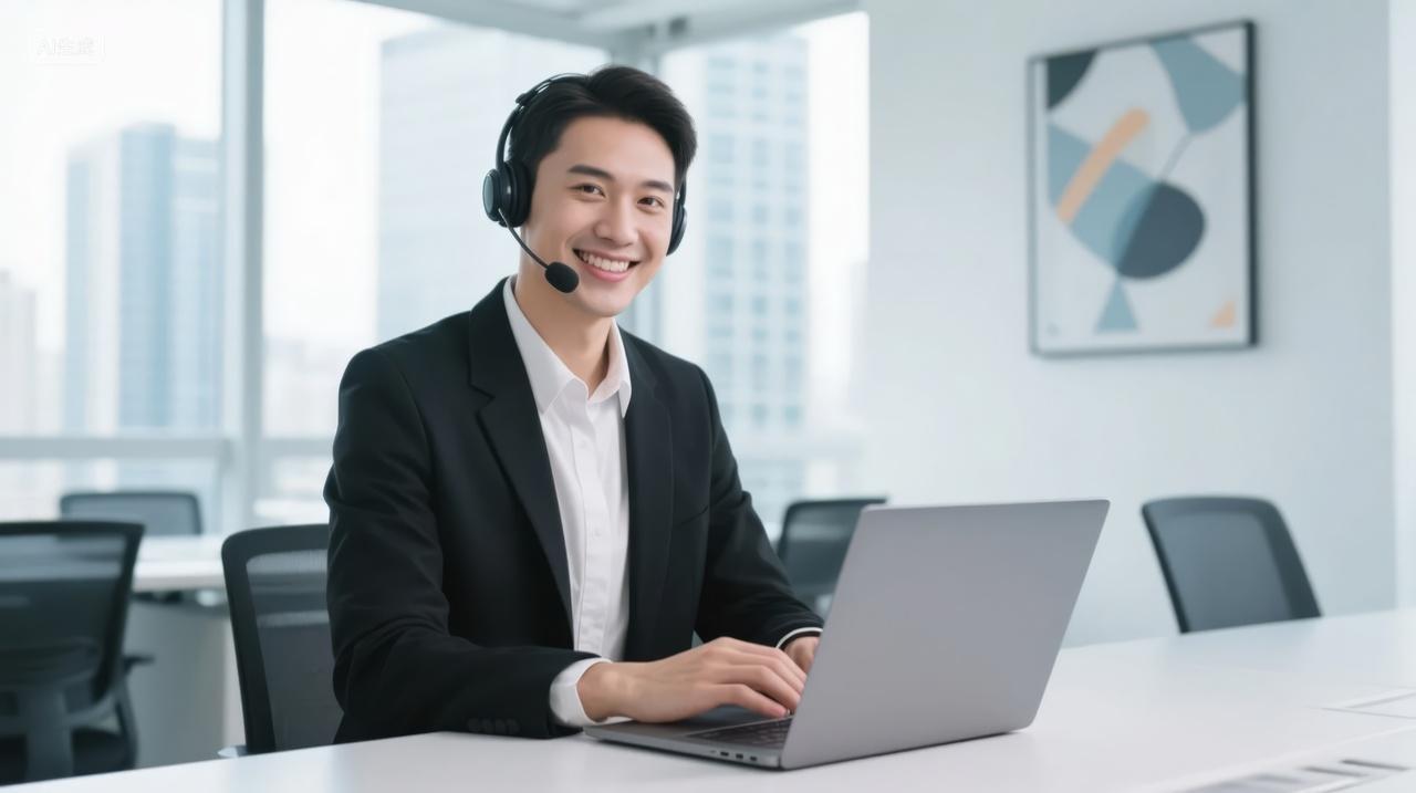 商务男士客服在线教育微笑职业形象背景